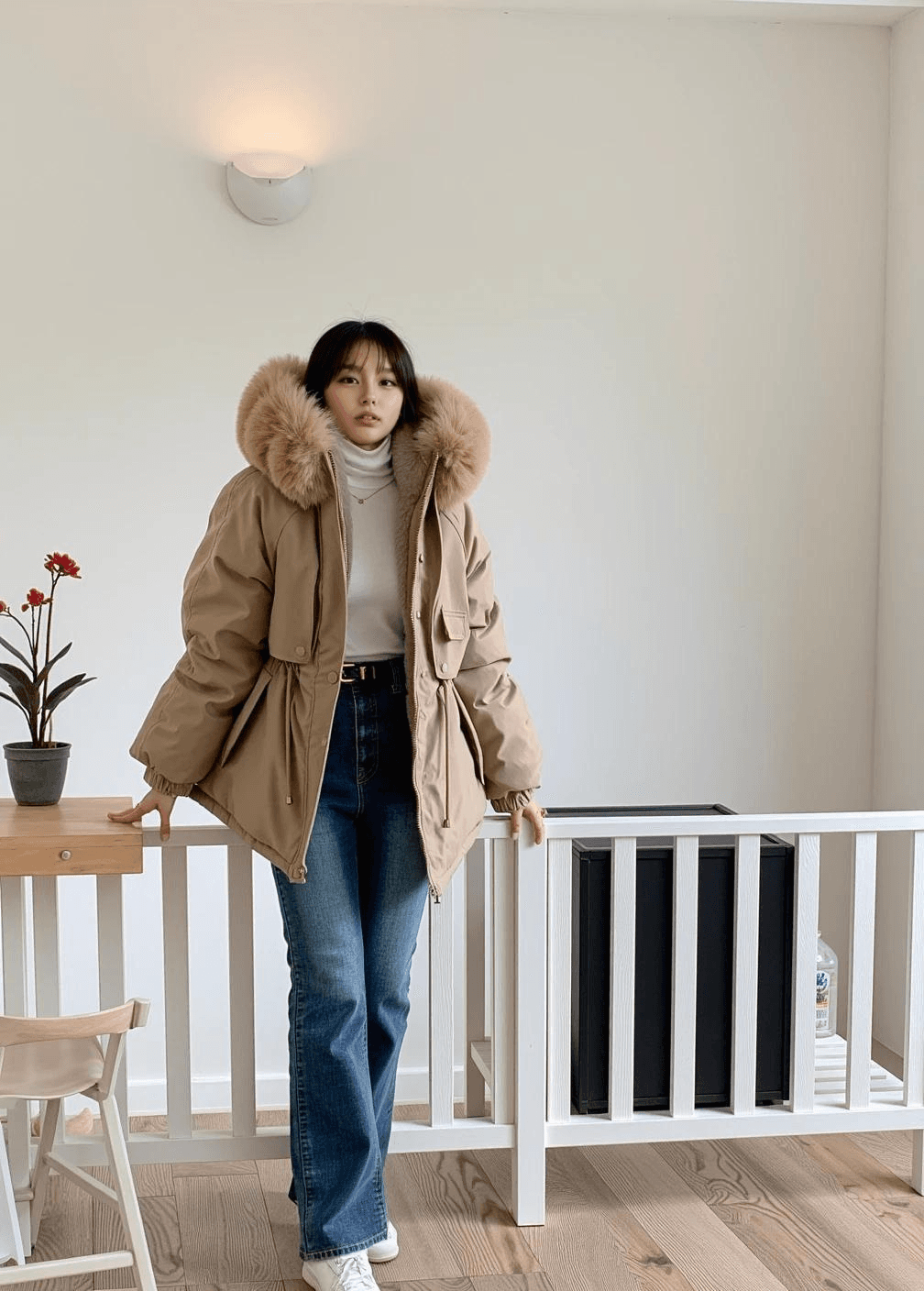(겨울 아우터) 24-868 탈부착 퍼 스트링 하프 웰론 패딩 점퍼 잠바(96985646)_작업사진